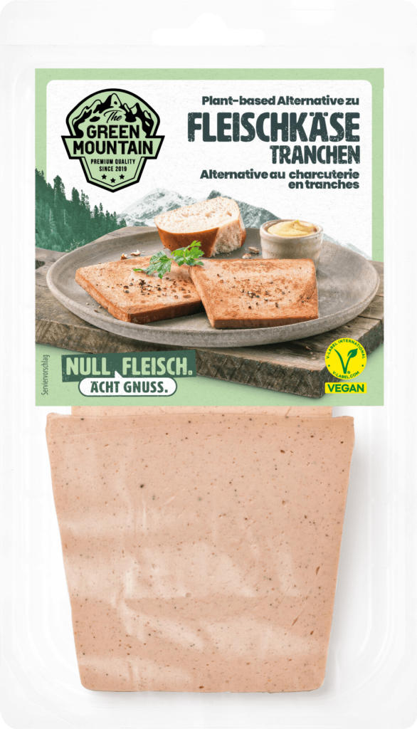 Plant-based Fleischkäse Tranchen, Plant-based meatloaf slices, Tranches de pain de viande à base de plantes