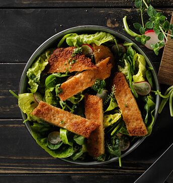 Schnitzelstreifen auf grünem Salat, Schnitzel strips on green salad, Escalope en lamelles sur salade verte