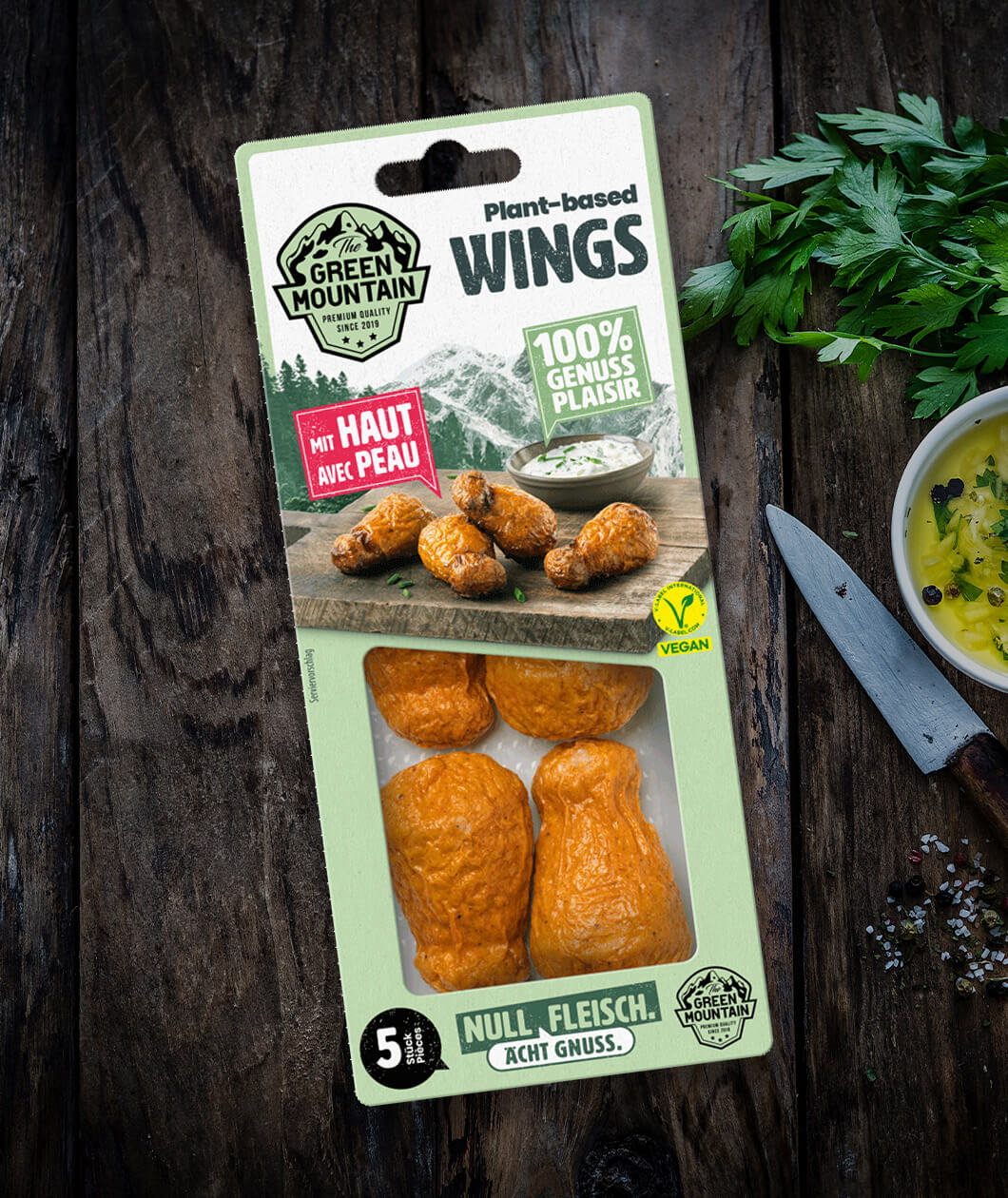 Plant-based Wings mit würziger Haut.